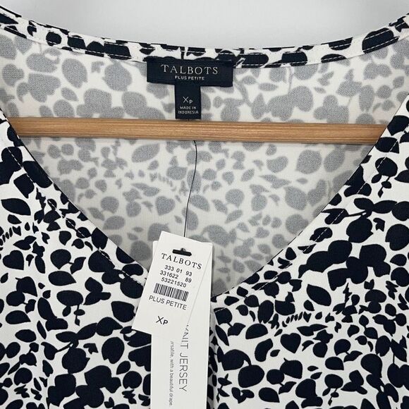 Talbots Womens Knit Jersey Blouse Top Leaf Print Black White XP Plus‎ Petite - Picture 2 of 7